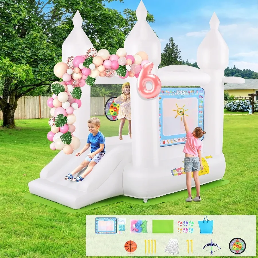 

White Bounce House Indoor/Outdoor for 2-8 with Balloons Magical Water Canvas Dart Target Balls Bar Dart Set Basketball 102 x 70