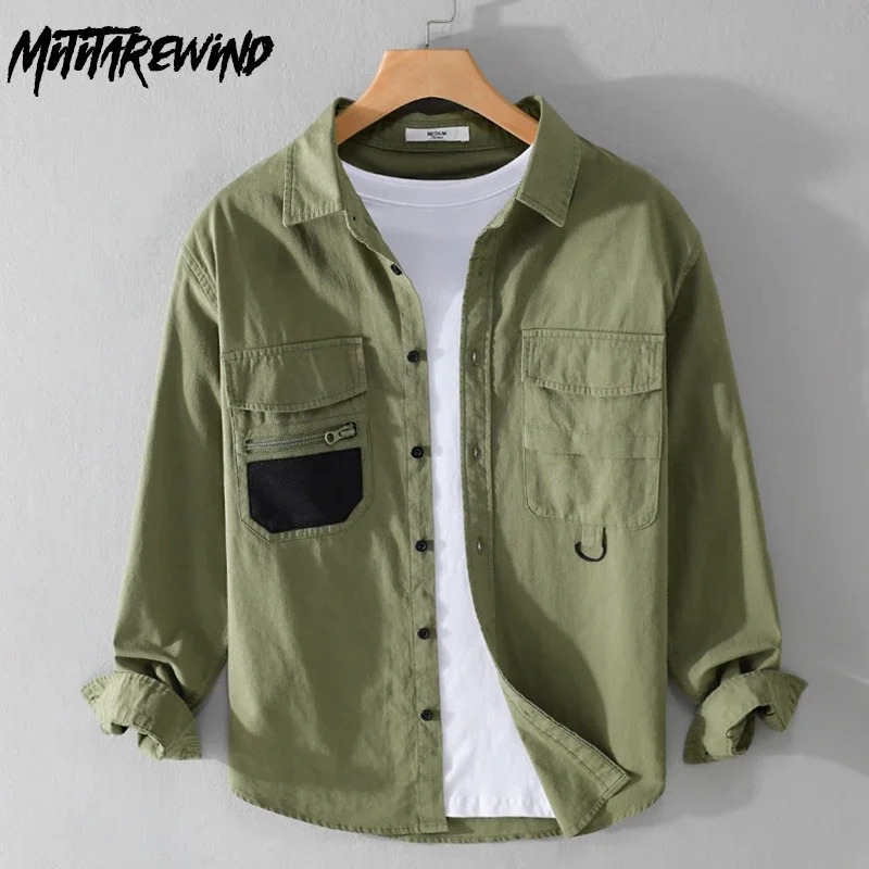 American Style Cargo Shirt Men Spring Summer New Casual Long Sleeve Man Shirts Double Pocket Cotton Green Shirt Fashion Clothing