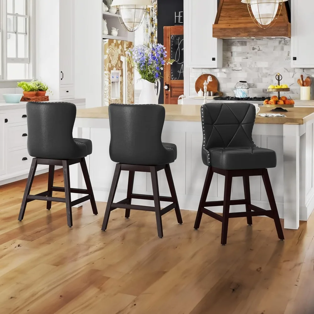 

Counter Height Bar Stools Set of 3, 26" H Swivel Bar Stool with Back, Faux Leather Counter Stool, Solid Wood Legs