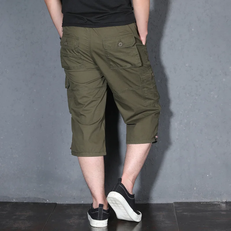 Summer Casual Long Length Cargo Shorts Men Cotton Multi Pocket Baggy Capri Hot Breeches Tactical Military Army Cropped Trousers