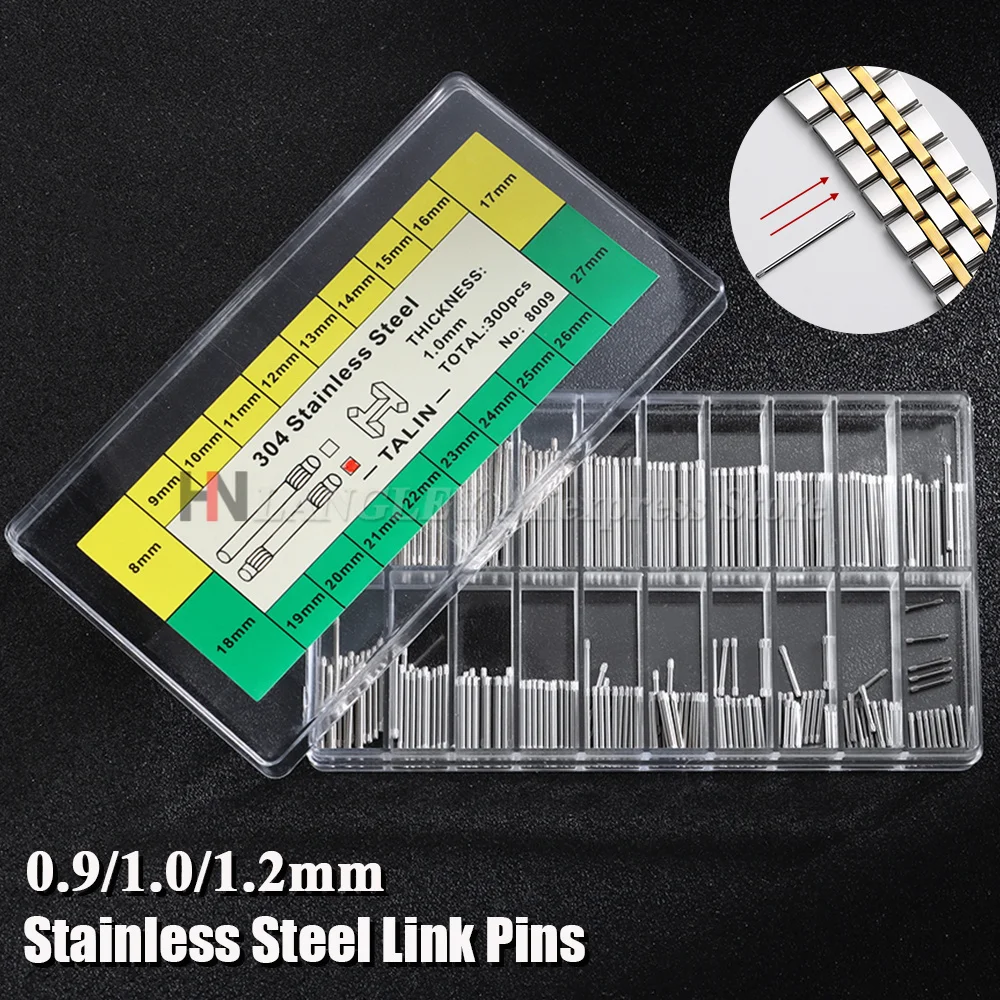 300 Stück 0,9/1,0/1,2mm Edelstahl Uhrenarmband Verbindungsstifte Reibungsstangen Ersatzteile Uhrenreparatur Zubehör