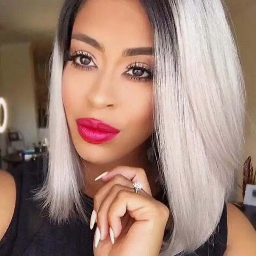 Ombre Grey Synthetic Wigs Straight Hair Bob Wig Black to Grey Middle Part