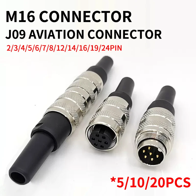 

5/10/20PCS official aviation straight J09 female plug IP67 waterproof M16-2 3 4 5 6 7 8 12 19 24 pins metal connector