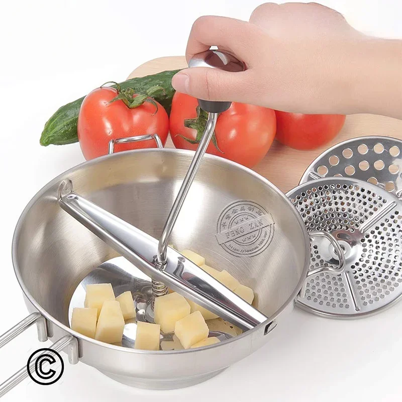Stainless Steel Potato Masher Multifunctional Jams Mill with 3 Milling Discs Durable Manual Food Grinder Kitchen Accessories