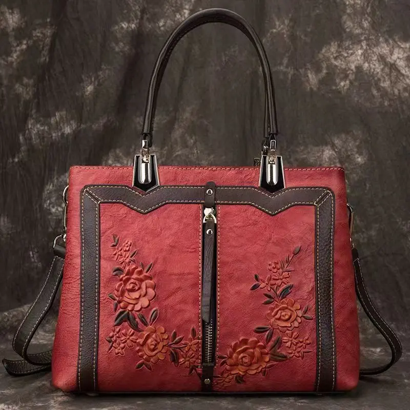 New Vintage Floral Women Handbag European Designer Cow Genuine Leather Shoulder Bags Female Girl Brand Luxury Crossbody Bag