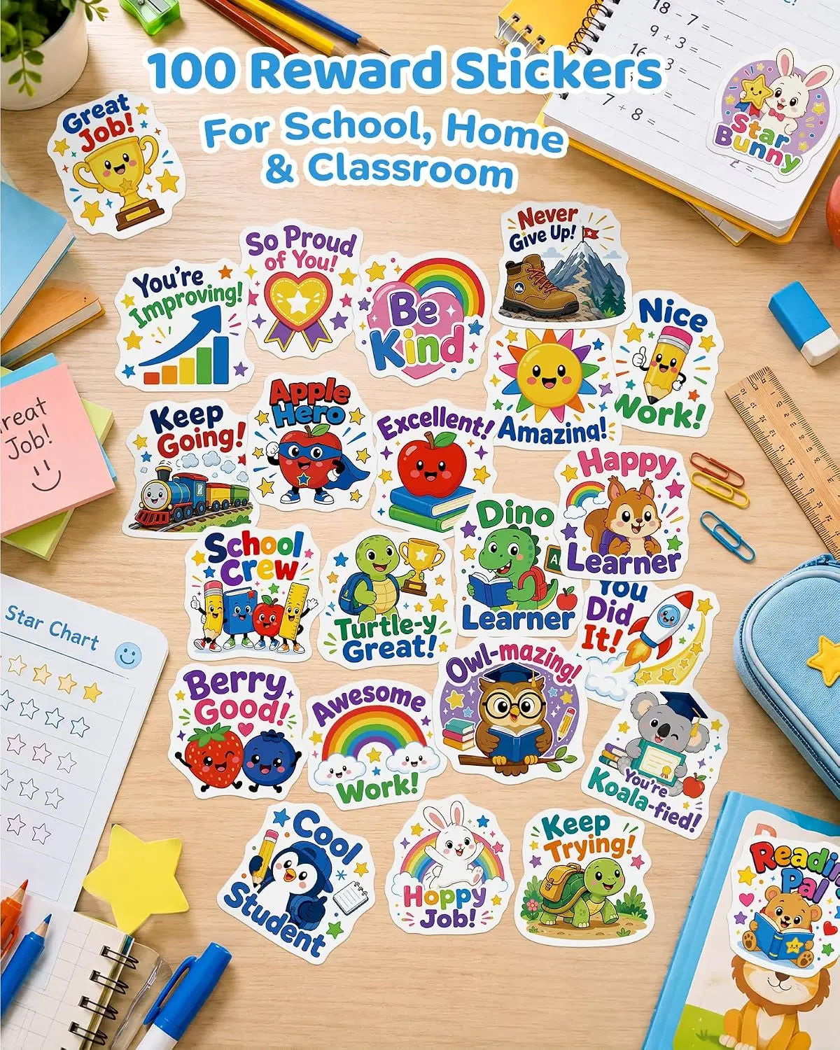 Cute Waterproof Vinyl Reward Stickers for Classroom Decor, Teacher Must Haves & School Supplies for Kids