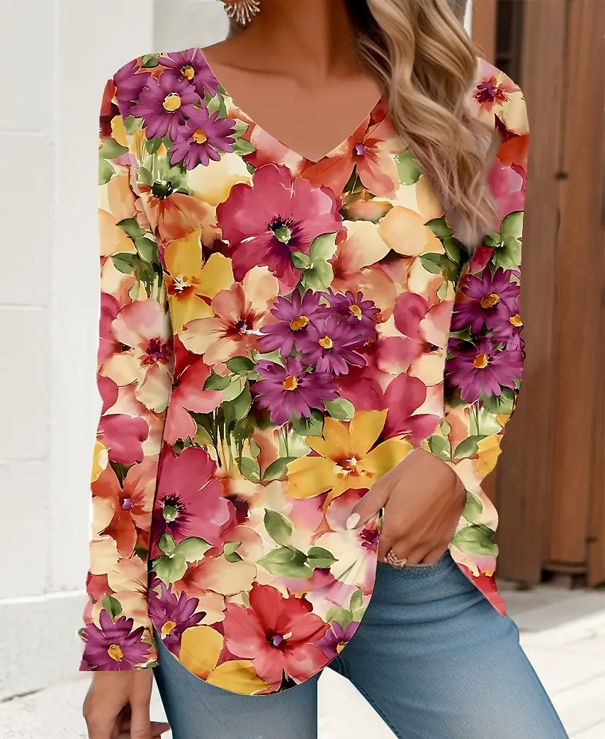 

Women's T-Shirt Floral Graphic Flower Elegant Trendy Tees Long Sleeve T-shirts V-Neck Regular Tops Pullover Fall Winter