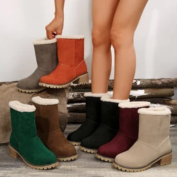 Women Snow Boots Suede Ankle Fur Winter Mid Heels Shoes 2024 Trend Chunky Non-Slip Mid Calf Chelsea Plush Warm Goth Mujer Boats