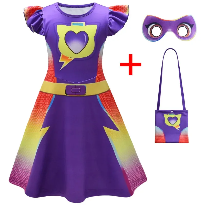 Qq28LQChildren's SuperKitties Trajes Cosplay Super Gatos Vestidos para Meninas Disfarce Festa Vestido de Princesa + Bolsa Eyepatch Carniva