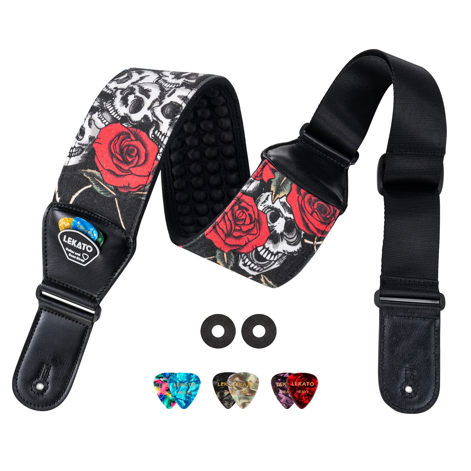 Lekato 3D-Schwamm-Gitarrengurt mit 3 Gitarrenplektren, Halter für Bass, elektrisch, akustisch, rutschfest, breiter Schultergurt, gepolsterter Schultergurt