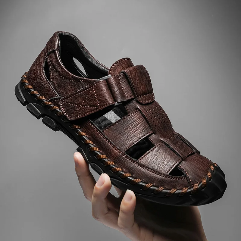 

Men Handmade Sandals PU Solid Color Hollow Out Business Casual Sandals Comfortable Breathable Non Slip Beach Shoes