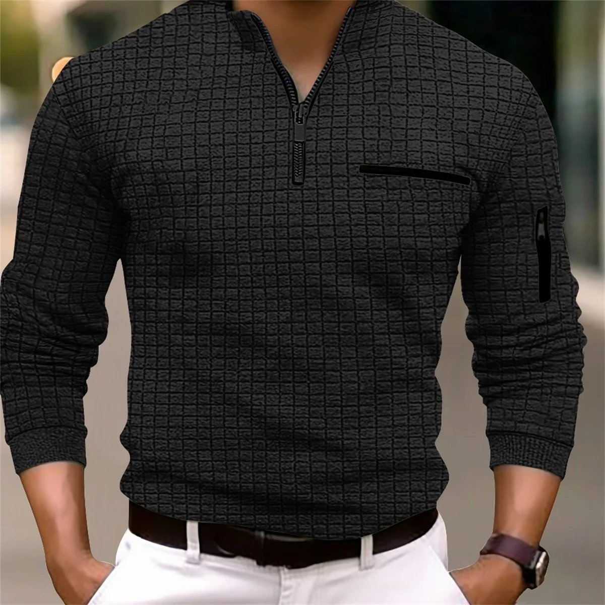 Men\'s Spring and Autumn Outdoor Street Casual Long Sleeve Fake Pocket Arm zipper Design Checkerboard Checkered POLO shirt