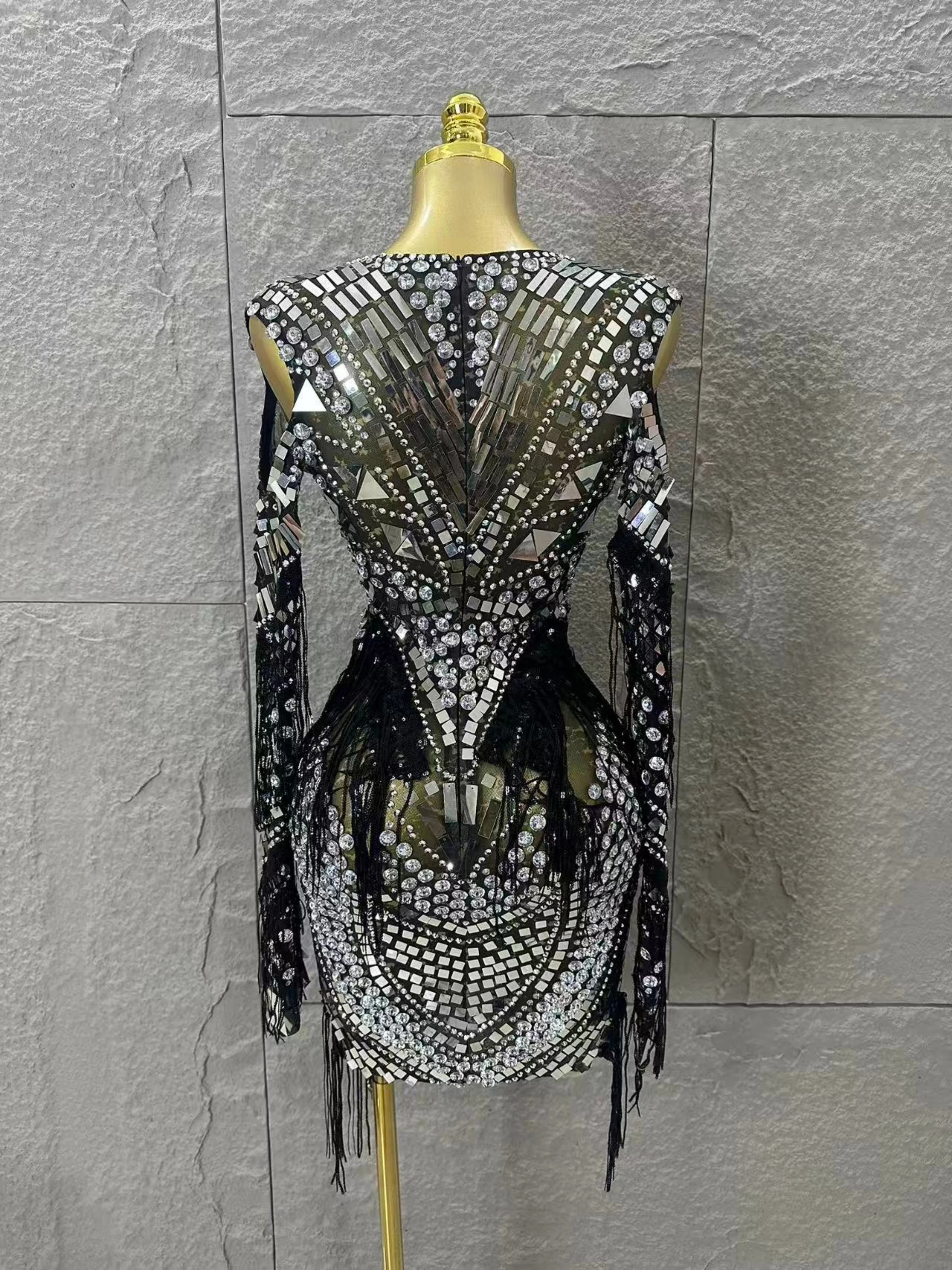 Luksusowa, błyszcząca sukienka mini z cekinami, frędzlami, długimi rękawami, prześwitująca, idealna na wieczorne przyjęcie, urodziny, seksowna, z siateczki, do klubu nocnego.