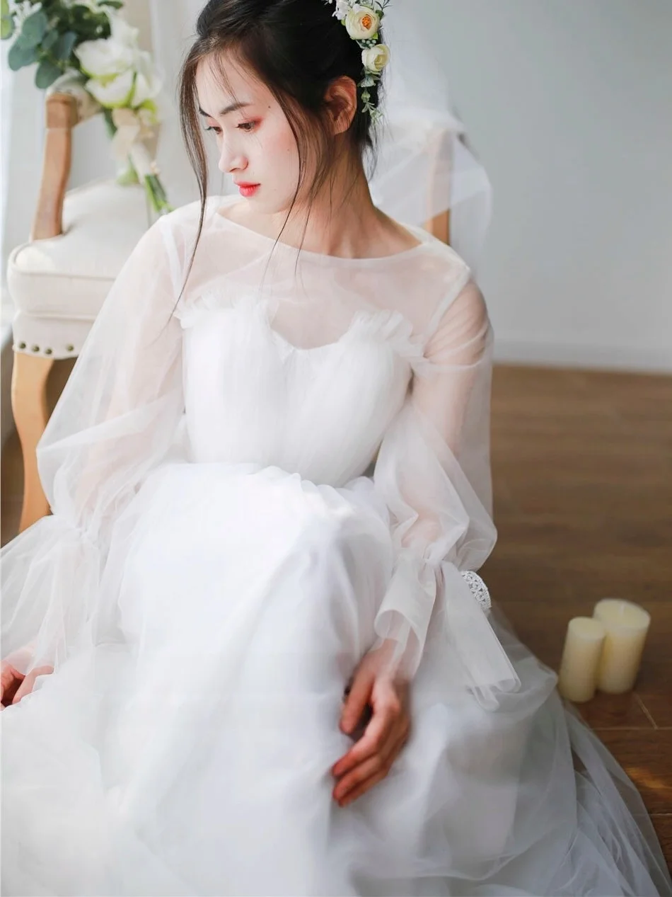 

Ele One-oulder Long Sve Wedding Dr Outdoor Simple Sle Arm Covering Puffy Skirt Forest System Wedding Gown