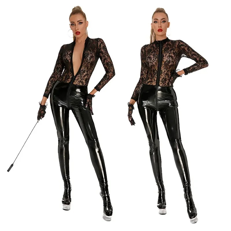 Sexy See-Through Lace Pu Bodysuit Ladies Leather Latex Catsuit Lace Splice Lingerie Underwear Jumpsuit Erotic Skinny Bodysuit