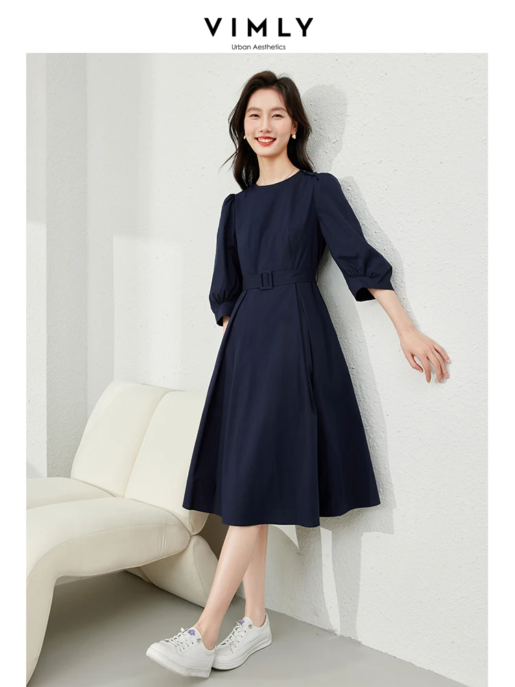 Vimly Cotton Simple Three Quarter Sleeve Dress Woman 2024 Spring Round Neck Puff Sleeves Belt Waisted Loose A-line Dresses M6193