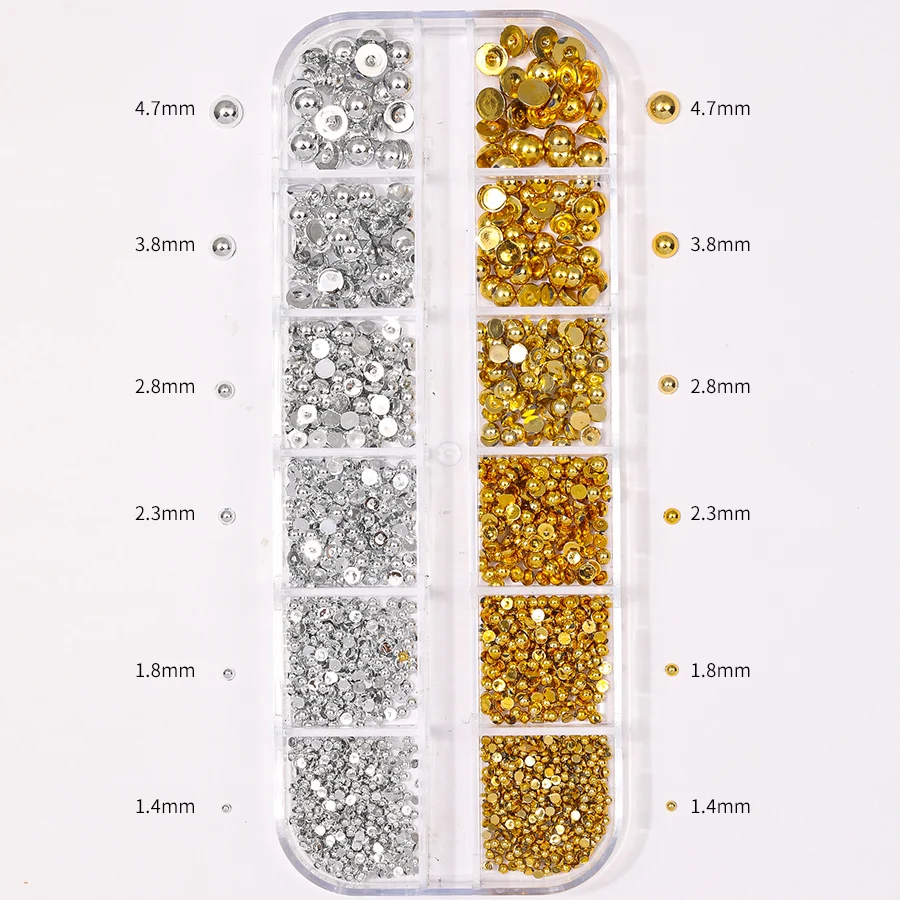 12Grid/box Gold Silver Mini Half Round Caviar Bead Nail Charms Mixed Multi Size Flatback Ball Nails Manicure Accessories Parts