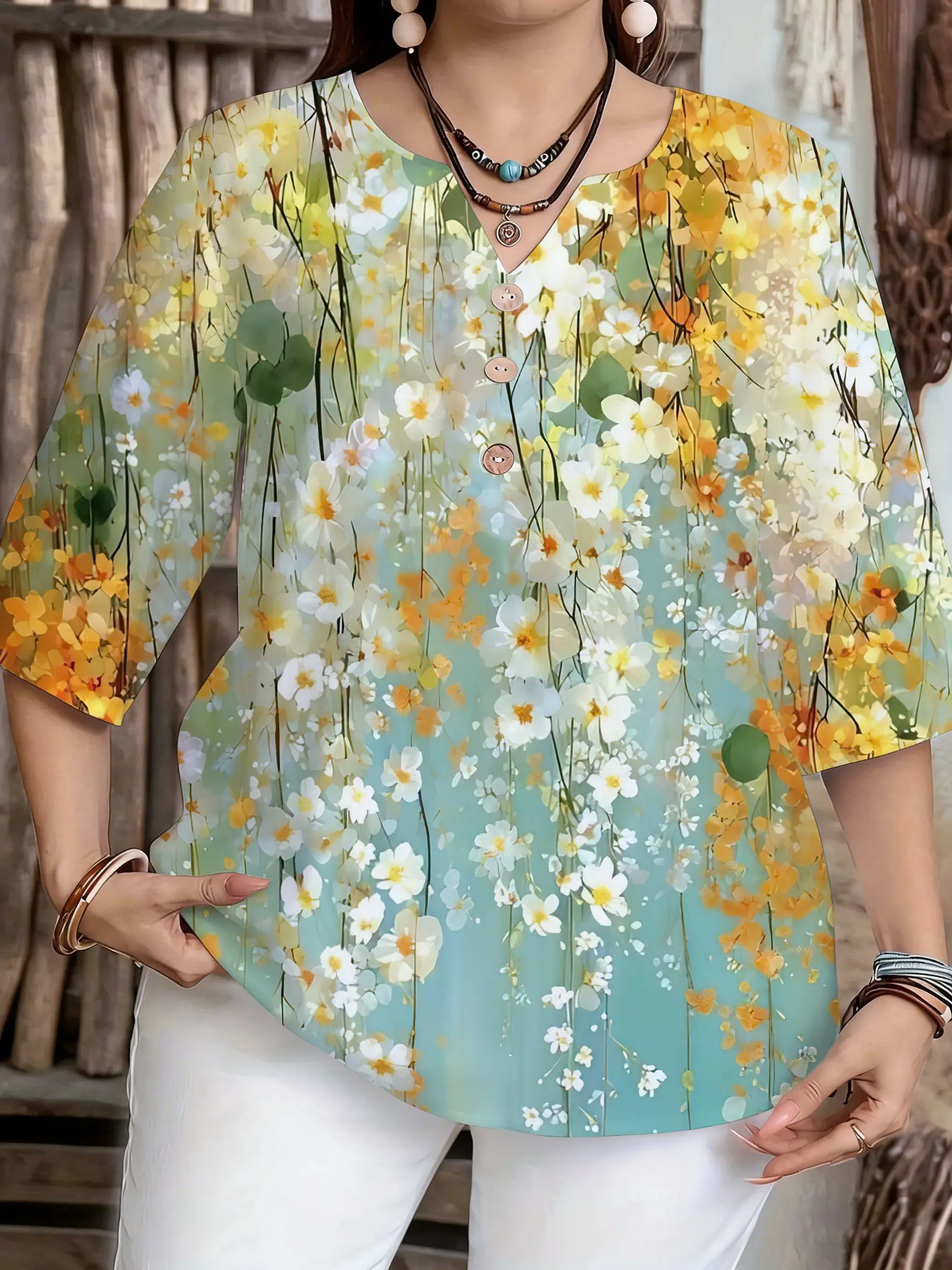 Women Multi Style Floral Print Blouse Notch V Neck 3/4 Sleeve Button Loose Casual  Art Flower Daily Wear Top