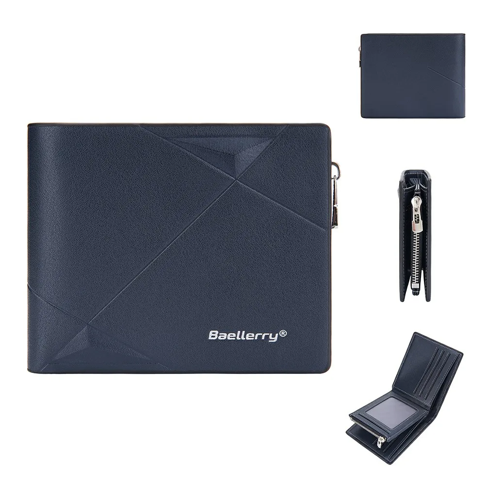 1pc-Baellerry Men's 80% off Short Wallet, Geometric Embossed PU Wallet, Zipper Coin Pocket, Transparent ID Window, Multiple Card Slots, Men's Gift