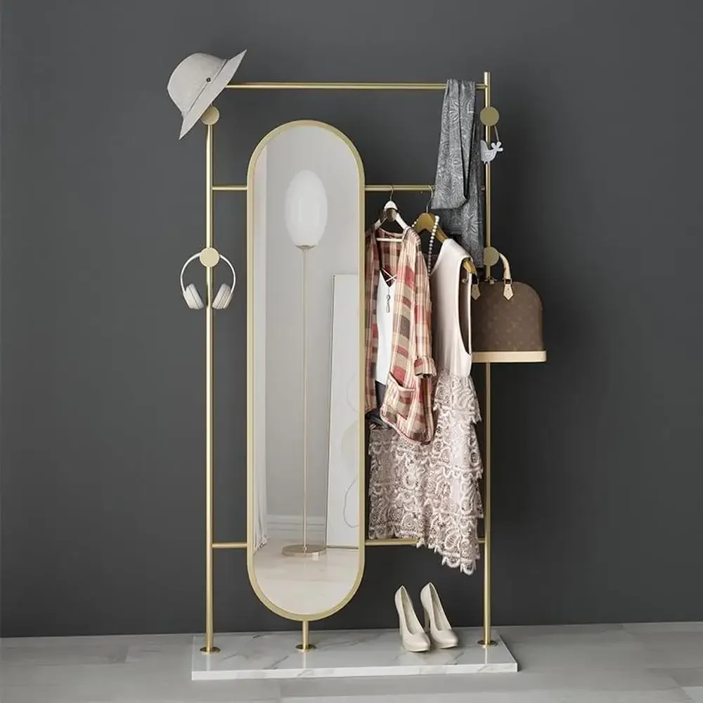 Full-Length Mirror Coat Rack Integrated Clothing Bedroom Living Room Multi-Functional Fitting Marble Base Rack with Installation