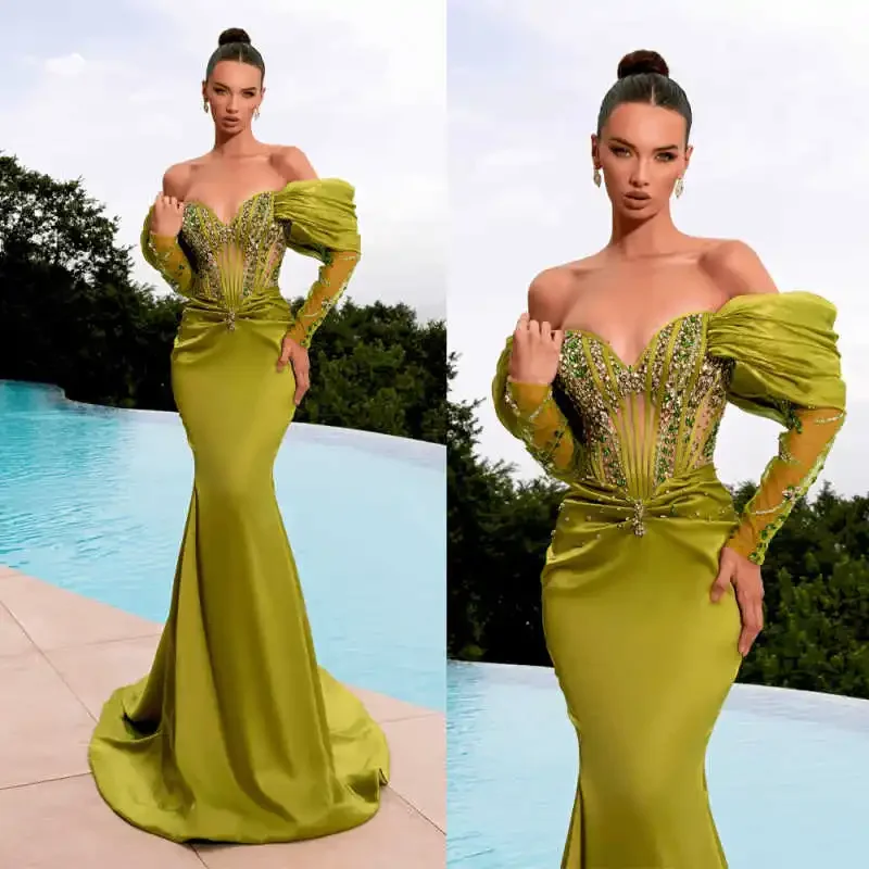 Custom Olive Green Mermaid Evening Dress Rhinestone Beaded Sweetheart Off Shoulder Long Sleeve Satin Formal Gown Vestidos