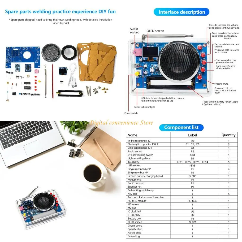 

97QA FM Radio Kit Enjoy DIY Fun Paired with RDA5807 Radio Module with Rechargeable Battery And Display Screen Need Assembly