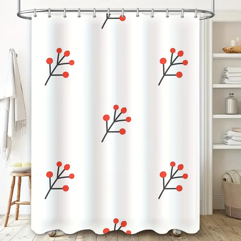 Stylish Bath Curtain Modern Decorative Shower Panel Printing Red Berries White Fabric Waterproof Bathtub Door Privacy Rod Pocket