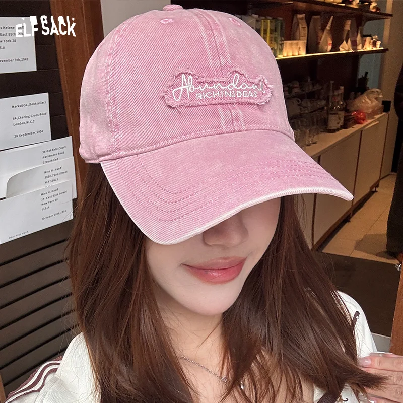 ELFSACK Vintage Washed Fashion Raw Edge Letter Embroidery Soft Top Baseball Cap Fashion Versatile for Women