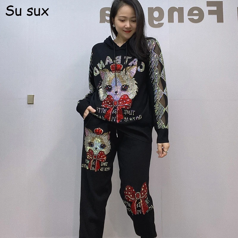 Cartoon Sequins Knitted Black 2 Piece Pant Sets Women Outfits Casual Pullover Long Sleeve Sweater and Pencil Trousers Sportwear