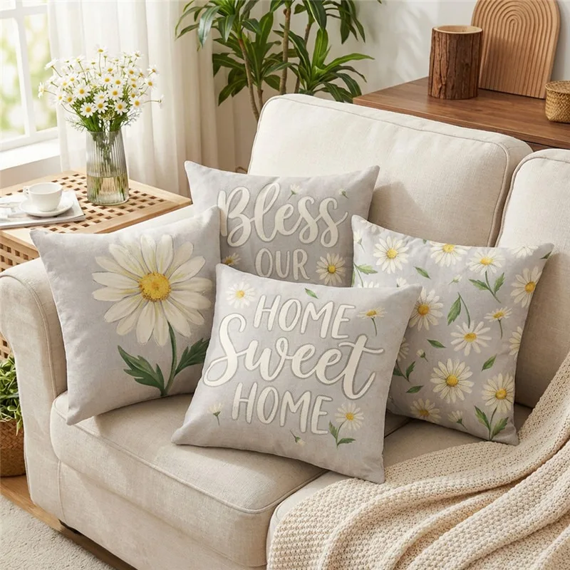 4PCS Ins Style Daisy Floral Pillow Case Cover Only Nordic Simple Sofa Cushion Cover Bedroom Bed Decoration Throw Pillow Cover