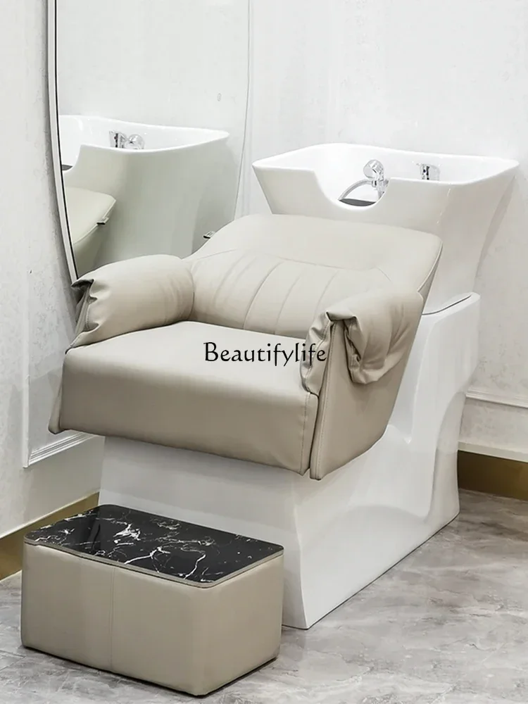 88.Hair Saloon Dedicated FRP Shampoo Chair Hair Salon Stainless Steel Ceramic Deep Basin Lying Half Flushing Bed