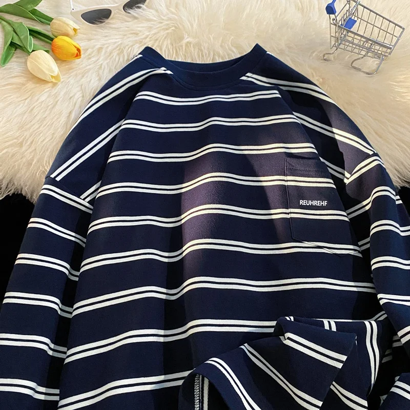 Stripe Long sleeves Shirt Men's Spring and Autumn Pure Cotton American Fashion Brand round Neck Hoodie Boys Autumn and Winter...