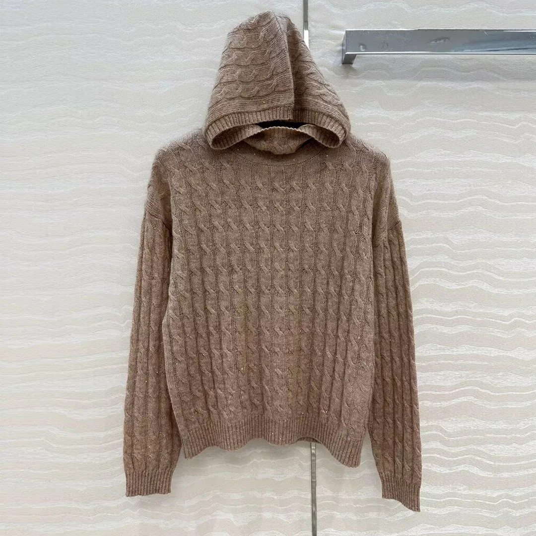 Chic New Autumn Women Cashmere Wool Sequin Knitted Hooded Pullover Vertical Stripe Texture Casual Elegant Sweater Chic