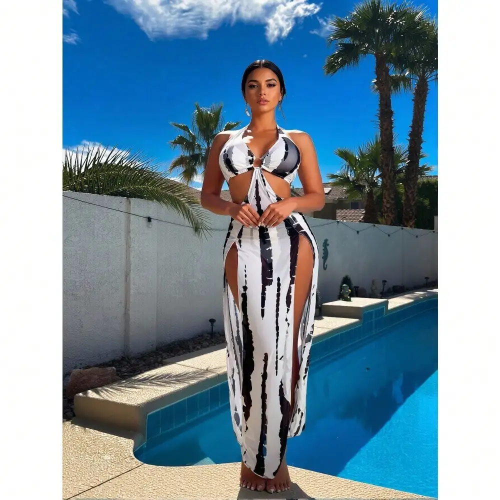 New Black White Tie Dye 3 Piece Bikini Set, Halter Cutout Side Slit Mesh Maxi Cover Up Dress view 4