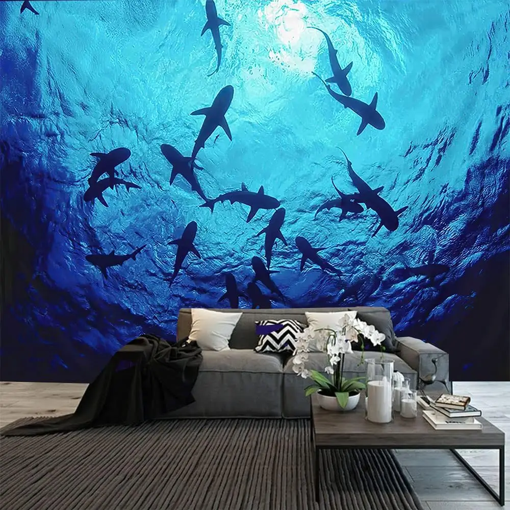 Shark Undersea Abyss Tapestry – Blue Sunlight & Deep Ocean Creatures Wall Art for Bedroom, Living Room or Party Decor