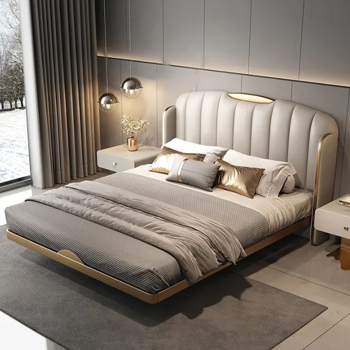 Italian Steel Frame Leather Suspension Double Bed Modern Simple Master Bedroom Queen Bed