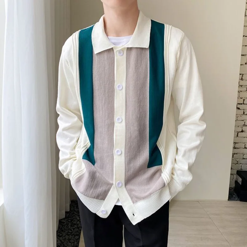 Casual Men's Long Sleeve Knitted Cardigan Jacket Korean Style Shirt Collar Patch Sweater Top