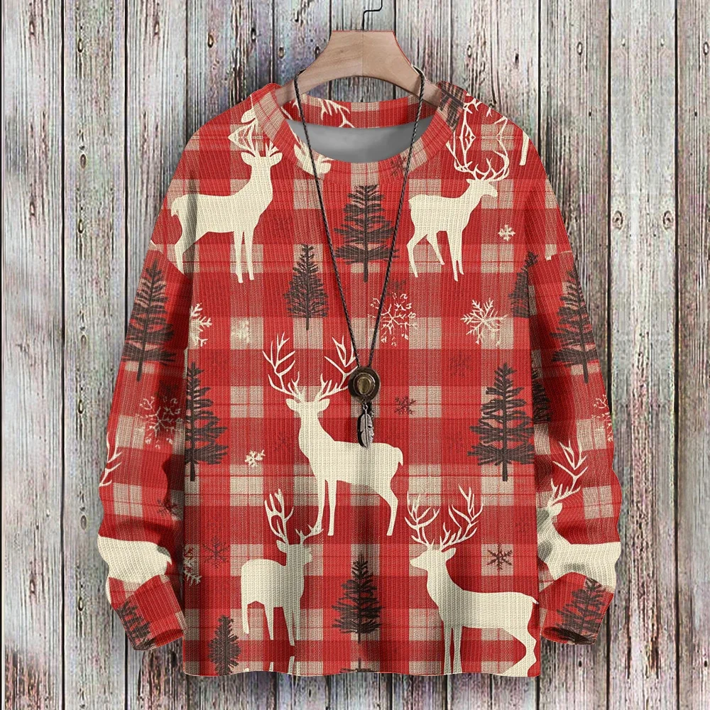 Vintage Checkered Christmas Unisex Casual Sweatshirt Funny Santa Claus Hoodie Family Holiday Gifts Snowman Winter Pullover Tops