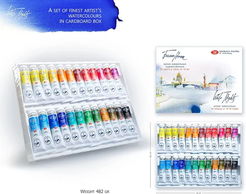 Juego de acuarelas profesionales Russian White Nights, tubos de 10ml de grado artista de 12/24, suministros de arte premium para artistas y aficionados