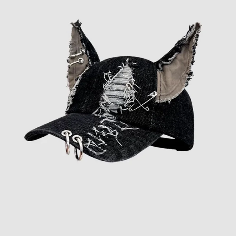 2026 Neue Y2K Hasenohren-Jeans-Baseballkappe für Herren und Damen – Dunkle Persönlichkeit, Metallring, Street-Trend, Verstellbare Cosplay-Mütze
