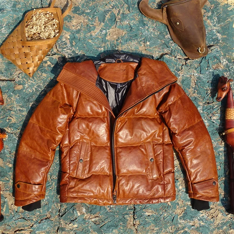Hooded Oblique Zipper Horseshoe Sleeves Imported Wax Beeswax Color To Make Old Horse Skin Leather Men's Down Jacket.