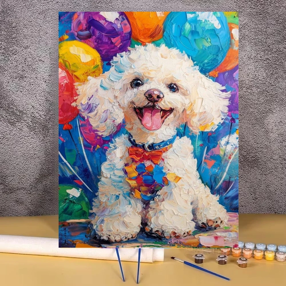 Happy White Poodle Balloons Canvas Oil Painting By Number Colorful Pet Wall Art Home Decor Unframed