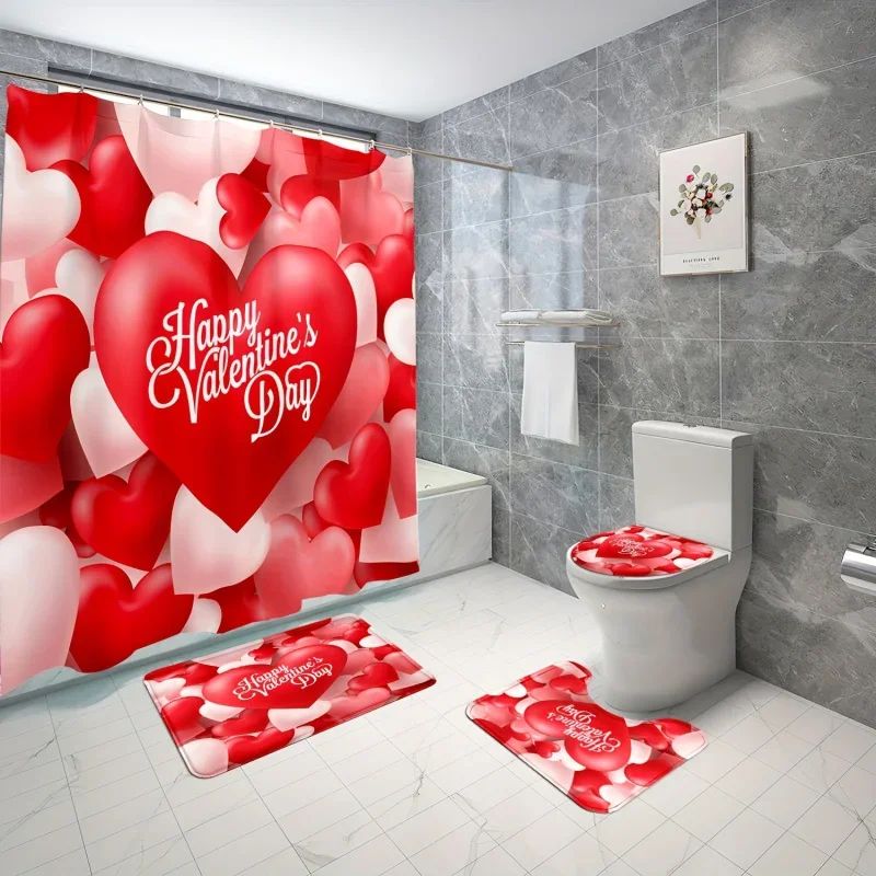 4pcs Love Heart Printed Shower Curtain Set, Waterproof Bathroom Partition Curtain With 12 Hooks, Non-Slip Bath Rug, Toilet U-Sha