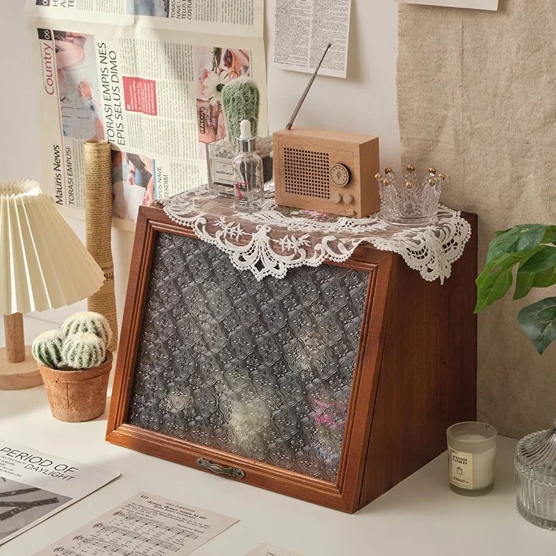 Household Glass Front Window Cosmetic Storage Box Tea Set Wooden Storage Cabinet Retro Multi-functional Boxes For Storage