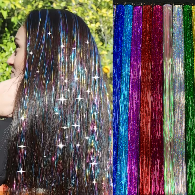 Sparkling Laser Tinsel Strands Synthetic Glitter Thread BB Clip Hair Extensions Party Festival Decor Fashion Hair Accessories