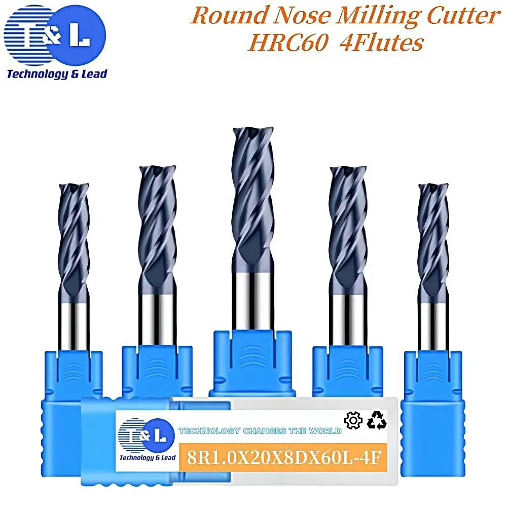 T&L HRC60 4-Flute Tungsten Steel Hard Alloy Nano Coating Round Nose Milling Cutter CNC Mechanical Milling Cutters Tools