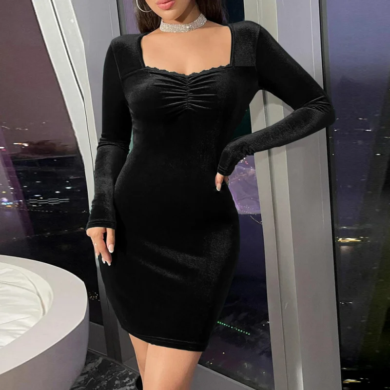 

YQ1-Women's Autumn Winter Hot Sale Square Neck Waist-Cinching Bodycon Long Sleeve Velvet Sexy Dress