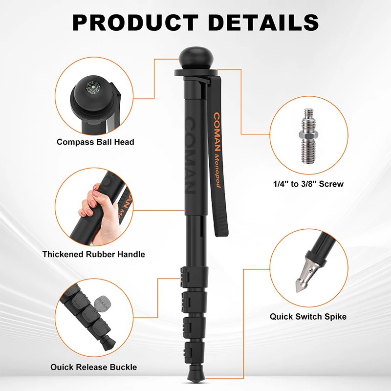 COMAN DK288 Aluminum Portable Lightweight 5-Section Monopod Tripod Stand for DSLR Camera Extendable Climbing Pole Tripod Sony