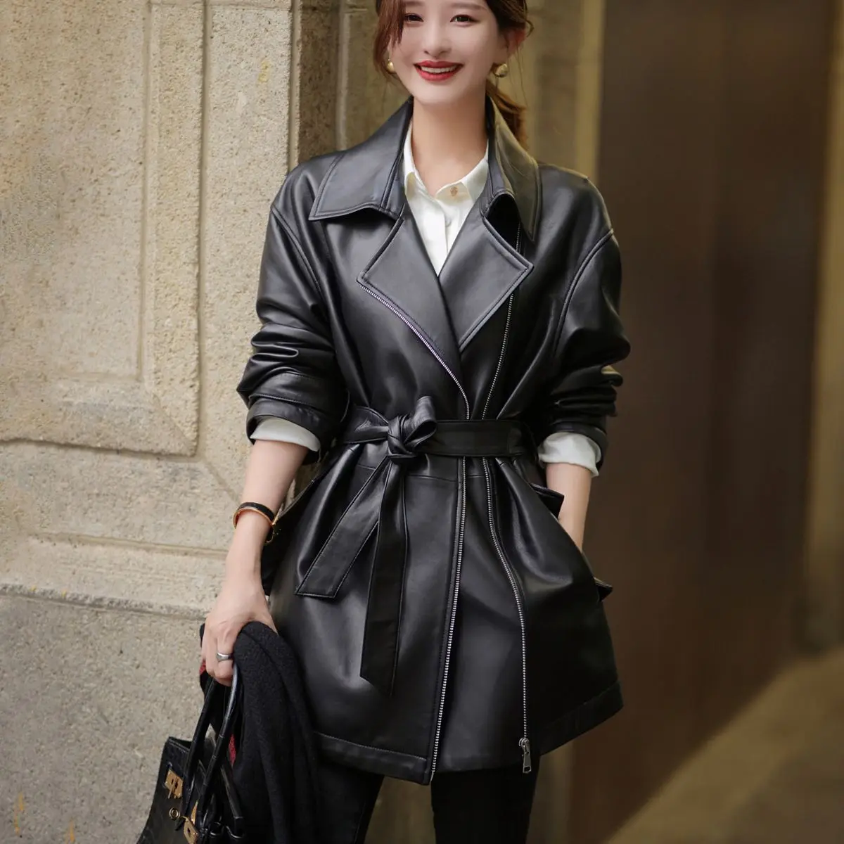 Women\'s Mid Length Leather Coat, Suit Collar, Sheepskin Trench, Autumn and Winter Coat, Loose Silhouette, Genuine Coat