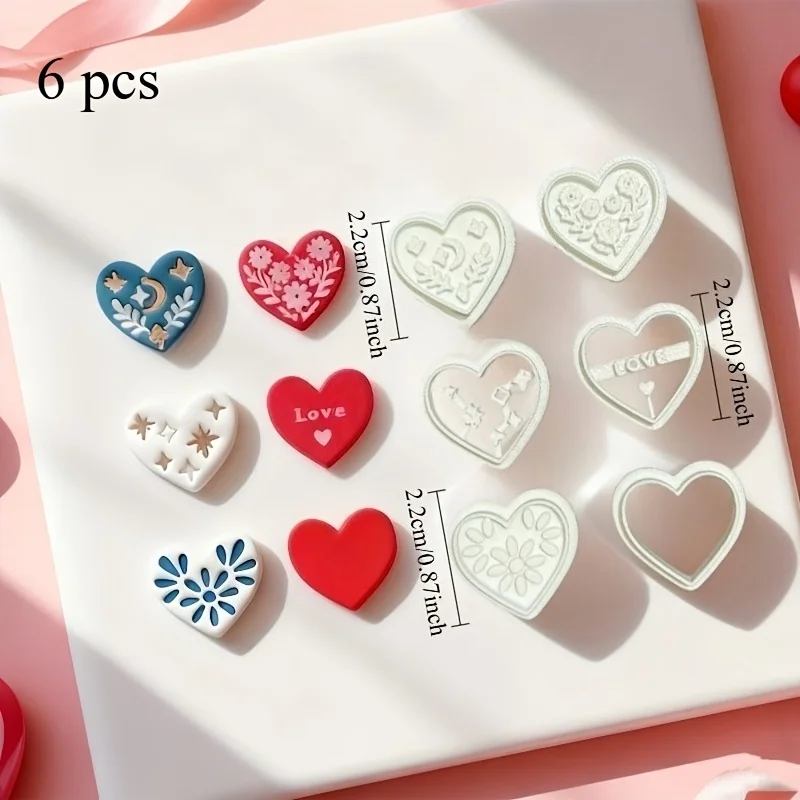 6pcs Heart Shape Polymer Clay Embossing Cutter European Style DIY Mold for Earrings Jewelry Fondant Cookie Baking Craft Tools